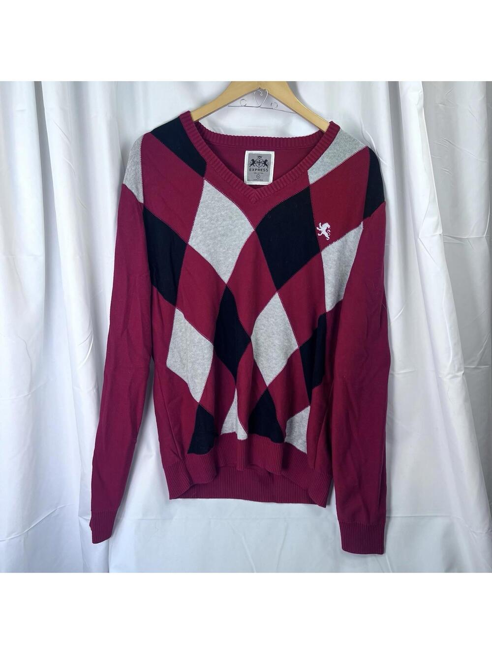 Express Mens Grey/black/red Argyle V-Neck Pullover Sweater Size Large EUC